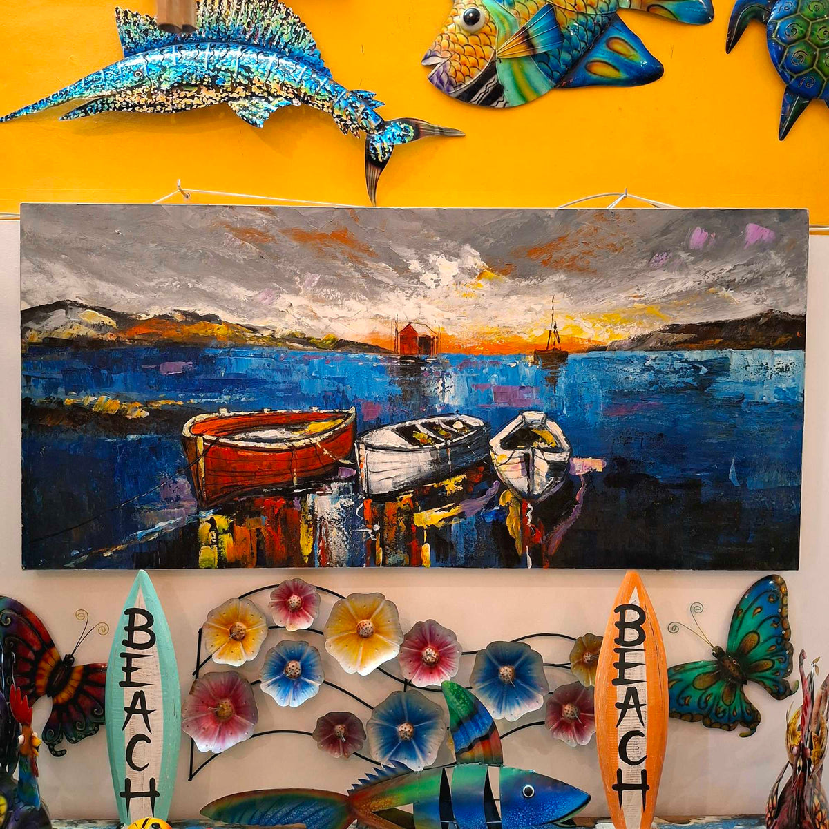 Quadro barche al tramonto orizzonte al mare