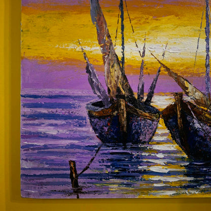 Quadro etnico artigianale barche a vela paesaggio al tramonto