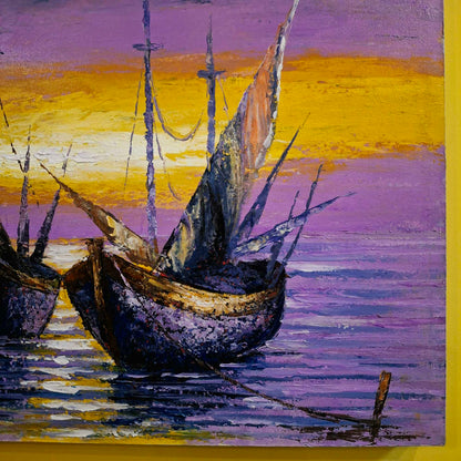 Quadro etnico artigianale barche a vela paesaggio al tramonto