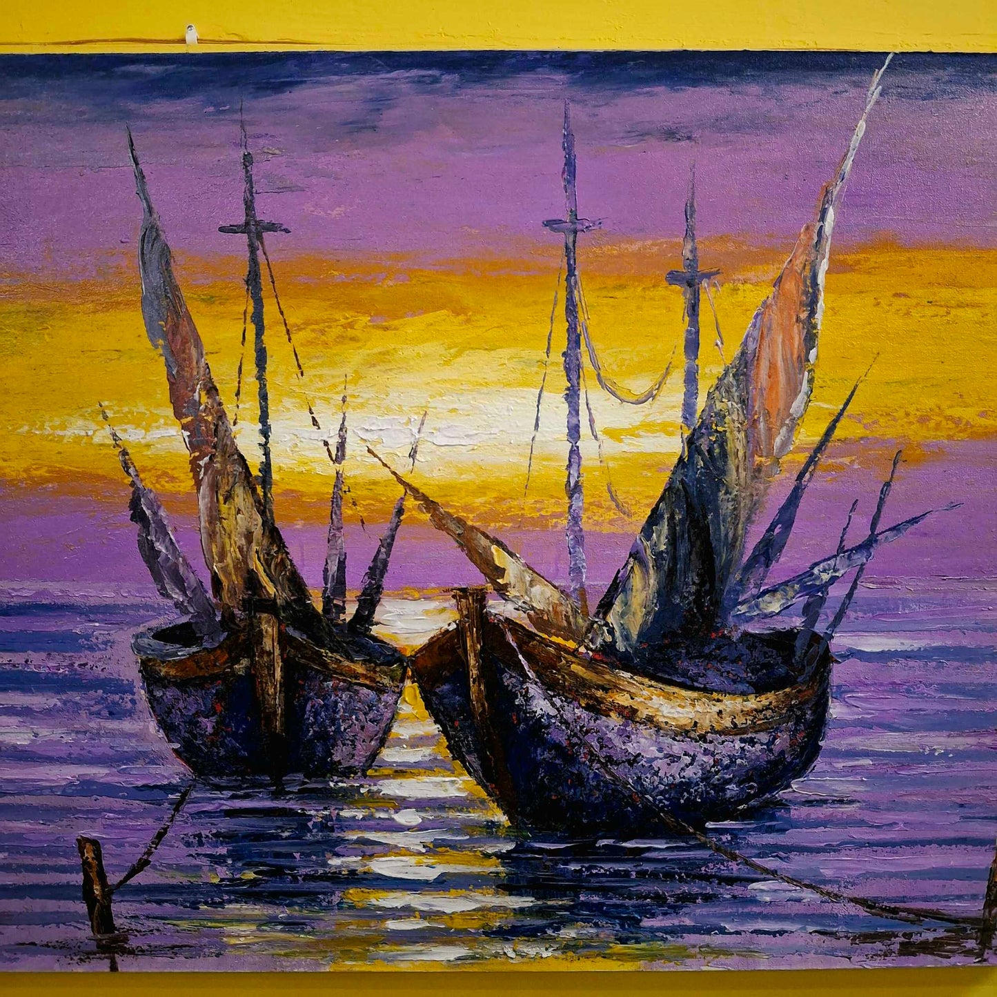 Quadro etnico artigianale barche a vela paesaggio al tramonto