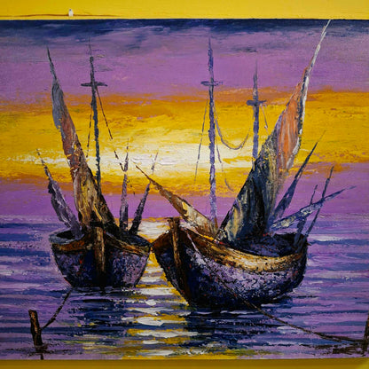 Quadro etnico artigianale barche a vela paesaggio al tramonto