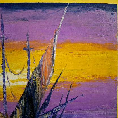 Quadro etnico artigianale barche a vela paesaggio al tramonto