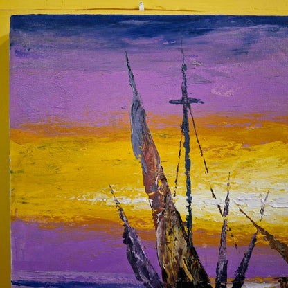 Quadro etnico artigianale barche a vela paesaggio al tramonto