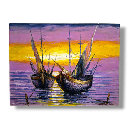 Quadro etnico artigianale barche a vela paesaggio al tramonto