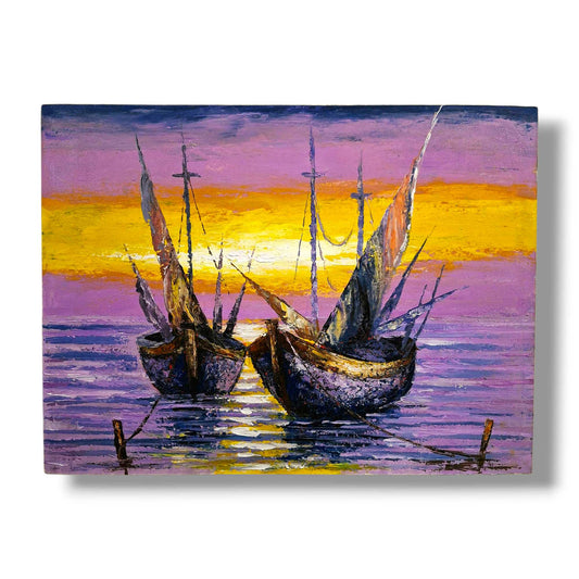 Quadro etnico artigianale barche a vela paesaggio al tramonto