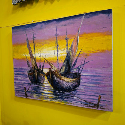 Quadro etnico artigianale barche a vela paesaggio al tramonto