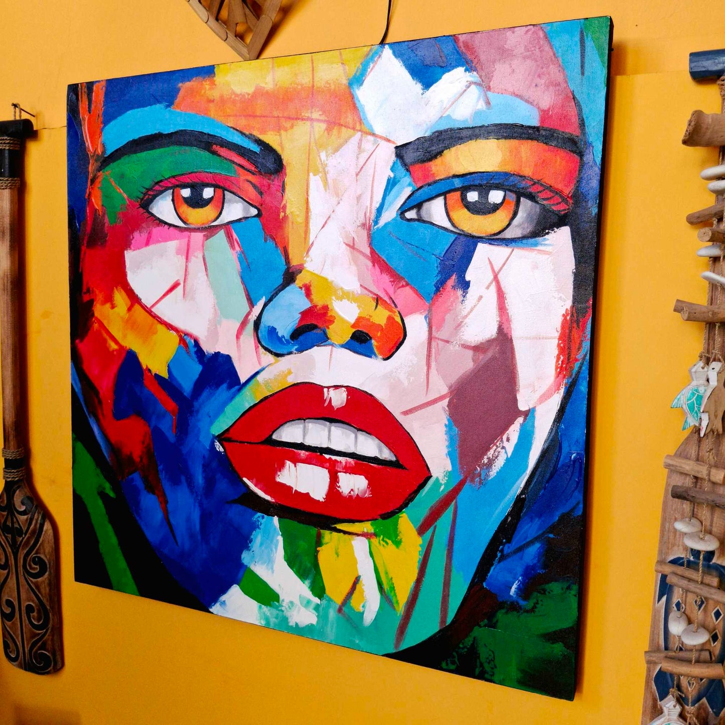 Quadro etnico artigianale volto astratto neo cubismo
