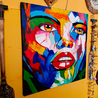 Quadro etnico artigianale volto astratto neo cubismo