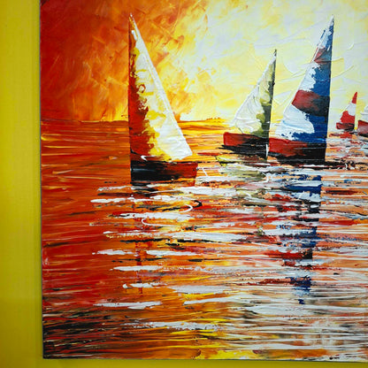 Quadro etnico barche a vela al tramonto acrilico su tela