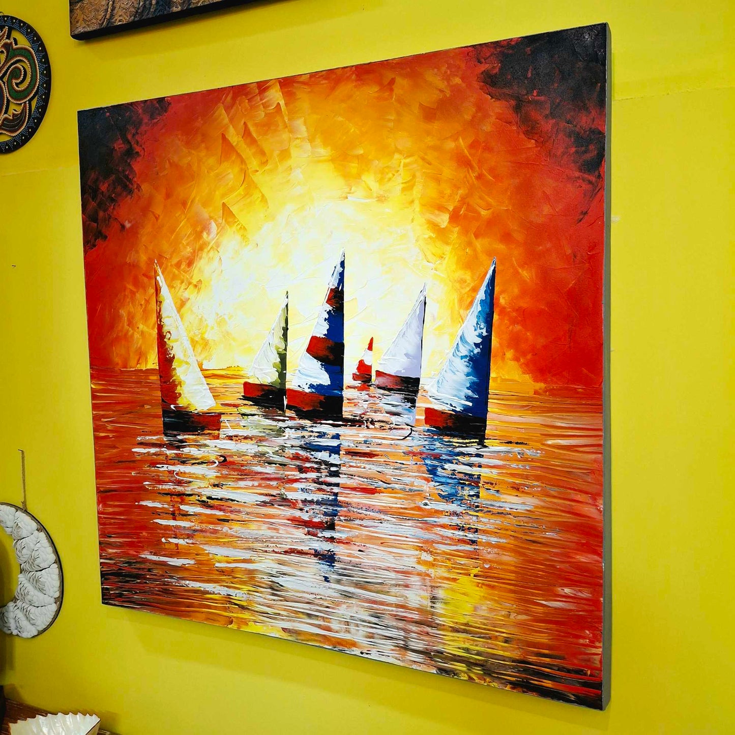 Quadro etnico barche a vela al tramonto acrilico su tela
