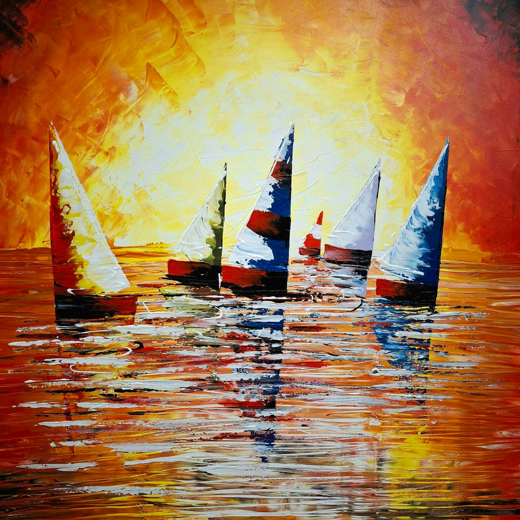 Quadro etnico dipinto barche a vela al tramonto