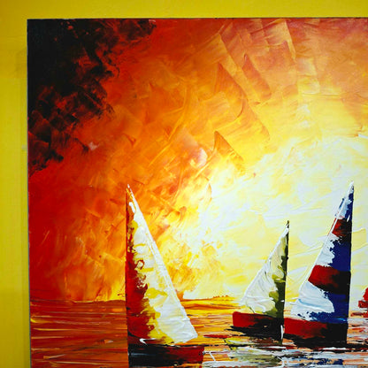 Quadro etnico barche a vela al tramonto acrilico su tela