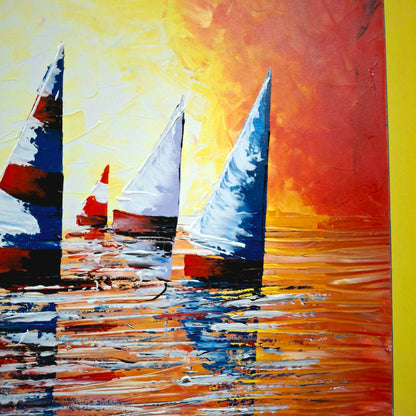 Quadro etnico barche a vela al tramonto acrilico su tela