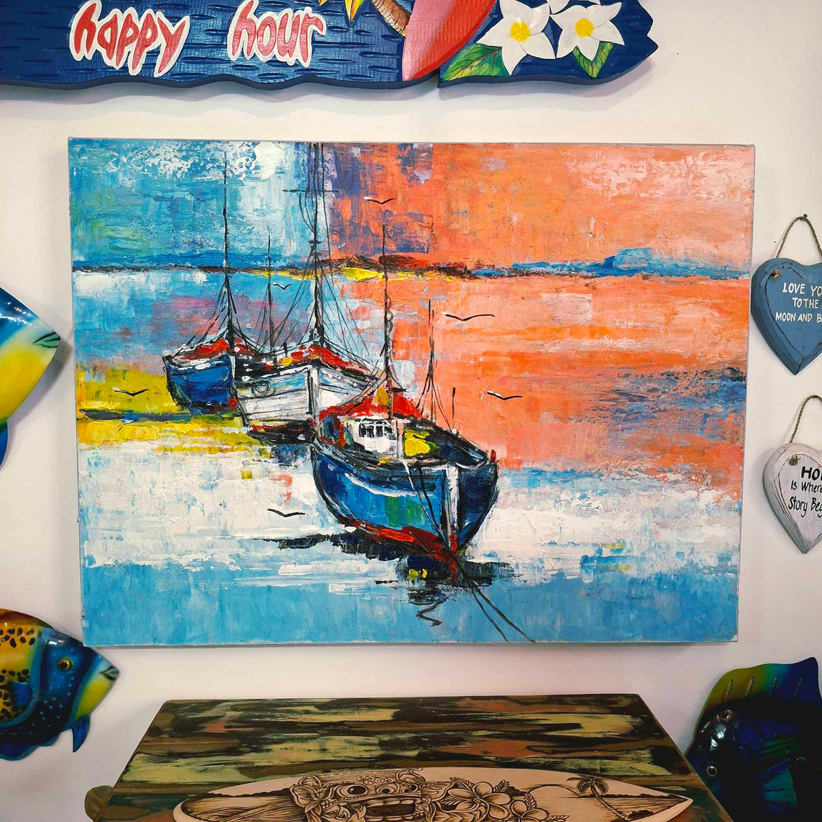 Quadro etnico barche dipinto stile marinaro arte