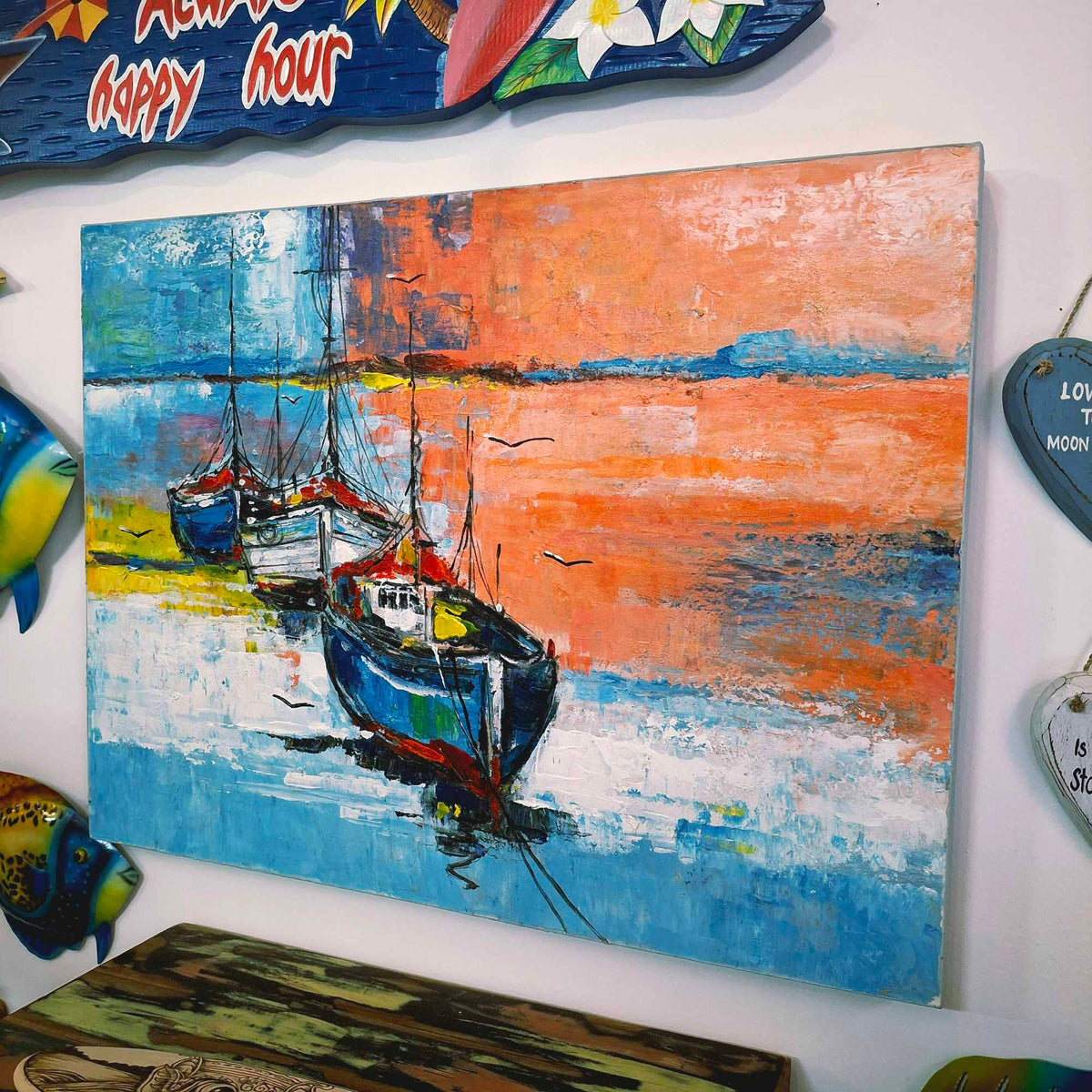 Quadro etnico barche dipinto stile marinaro arte