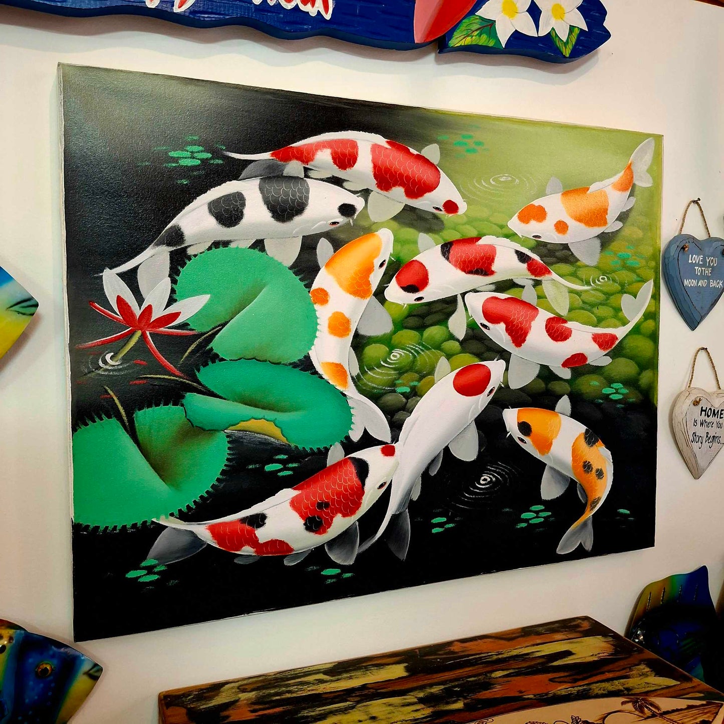 Quadro etnico dipinto carpe Koi olio su tela