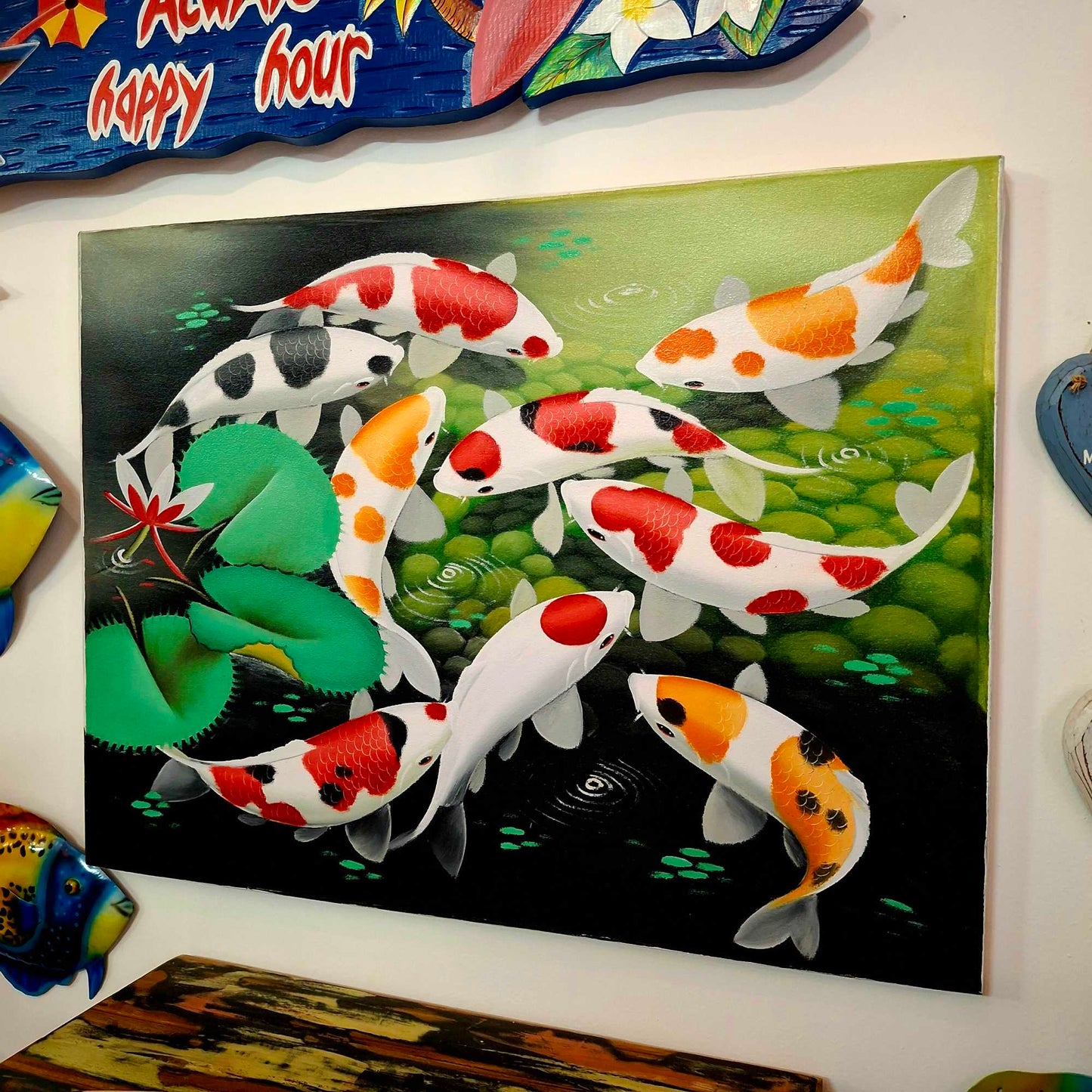 Quadro etnico dipinto carpe Koi olio su tela
