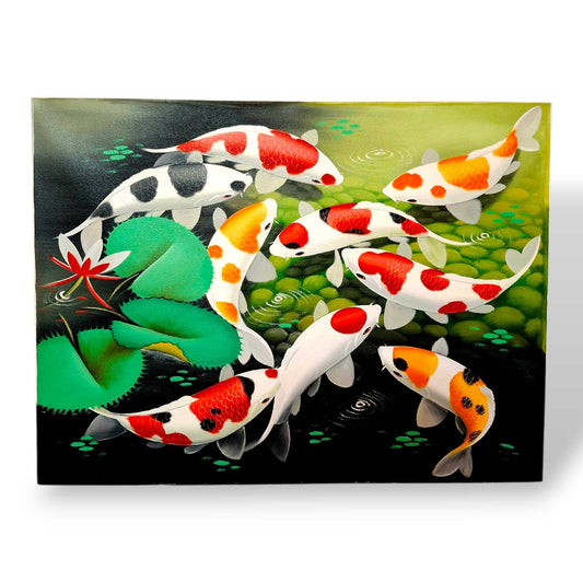 Quadro etnico dipinto carpe Koi olio su tela