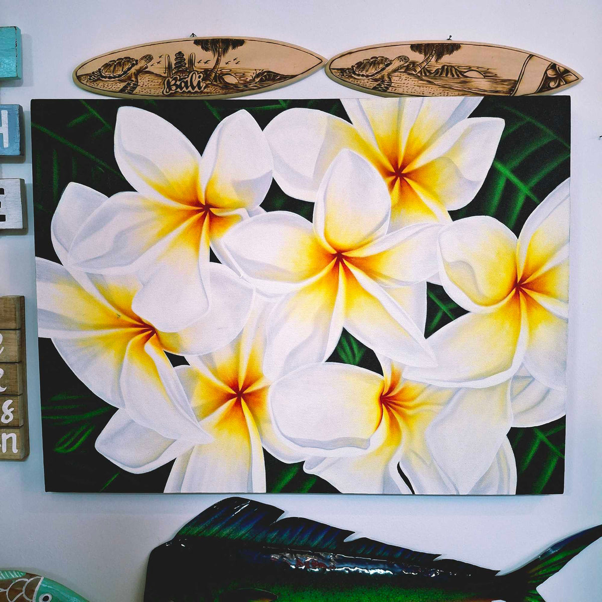 Quadro etnico dipinto fiori di plumaria