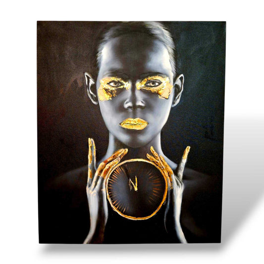 Quadro etnico olio su tela nero e oro