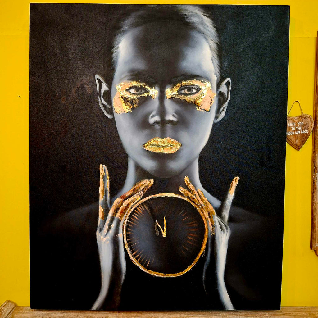 Quadro etnico olio su tela nero e oro "Time"