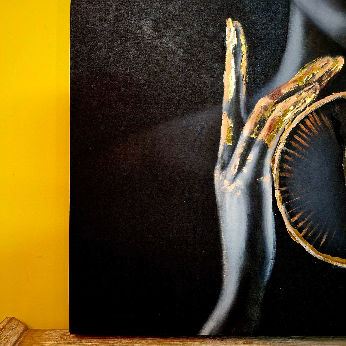 Quadro etnico olio su tela nero e oro