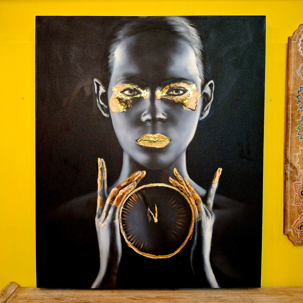 Quadro etnico olio su tela nero e oro "Time"
