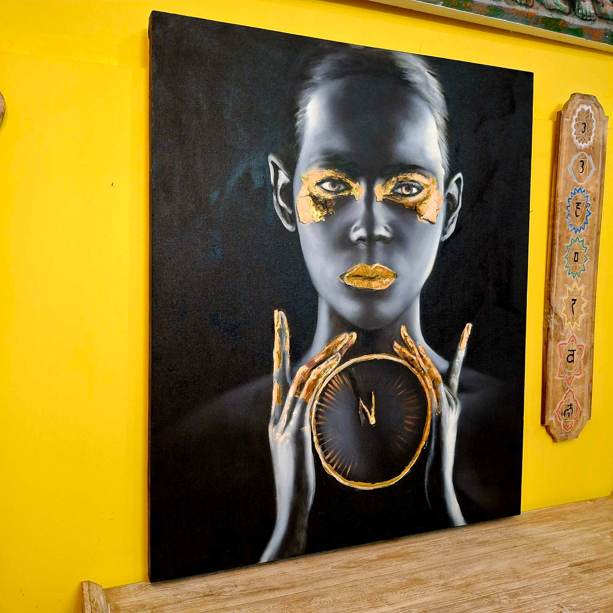 Quadro etnico olio su tela nero e oro "Time"