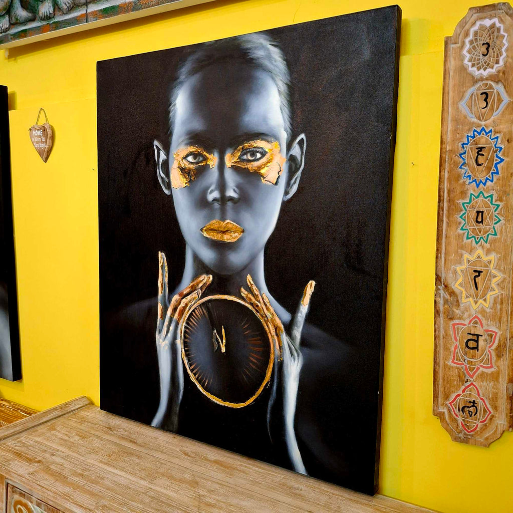 Quadro etnico olio su tela nero e oro "Time"