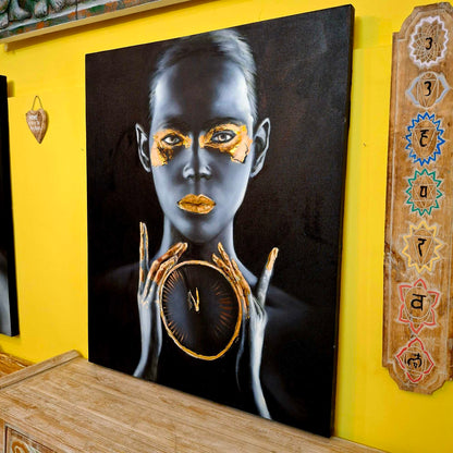 Quadro etnico olio su tela nero e oro