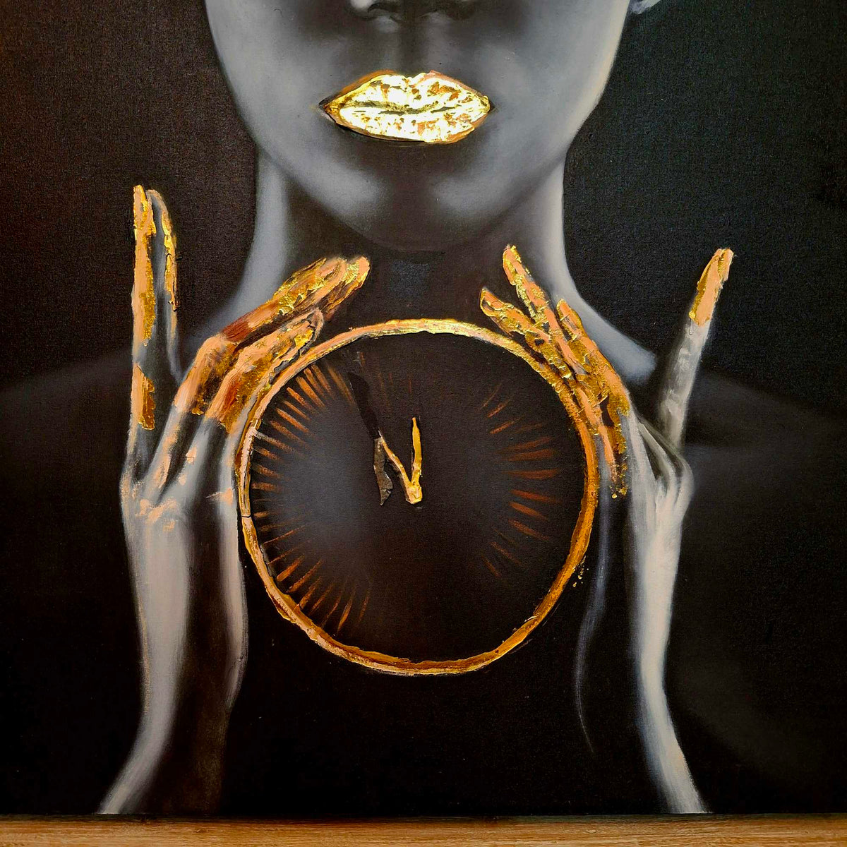 Quadro etnico olio su tela nero e oro "Time"