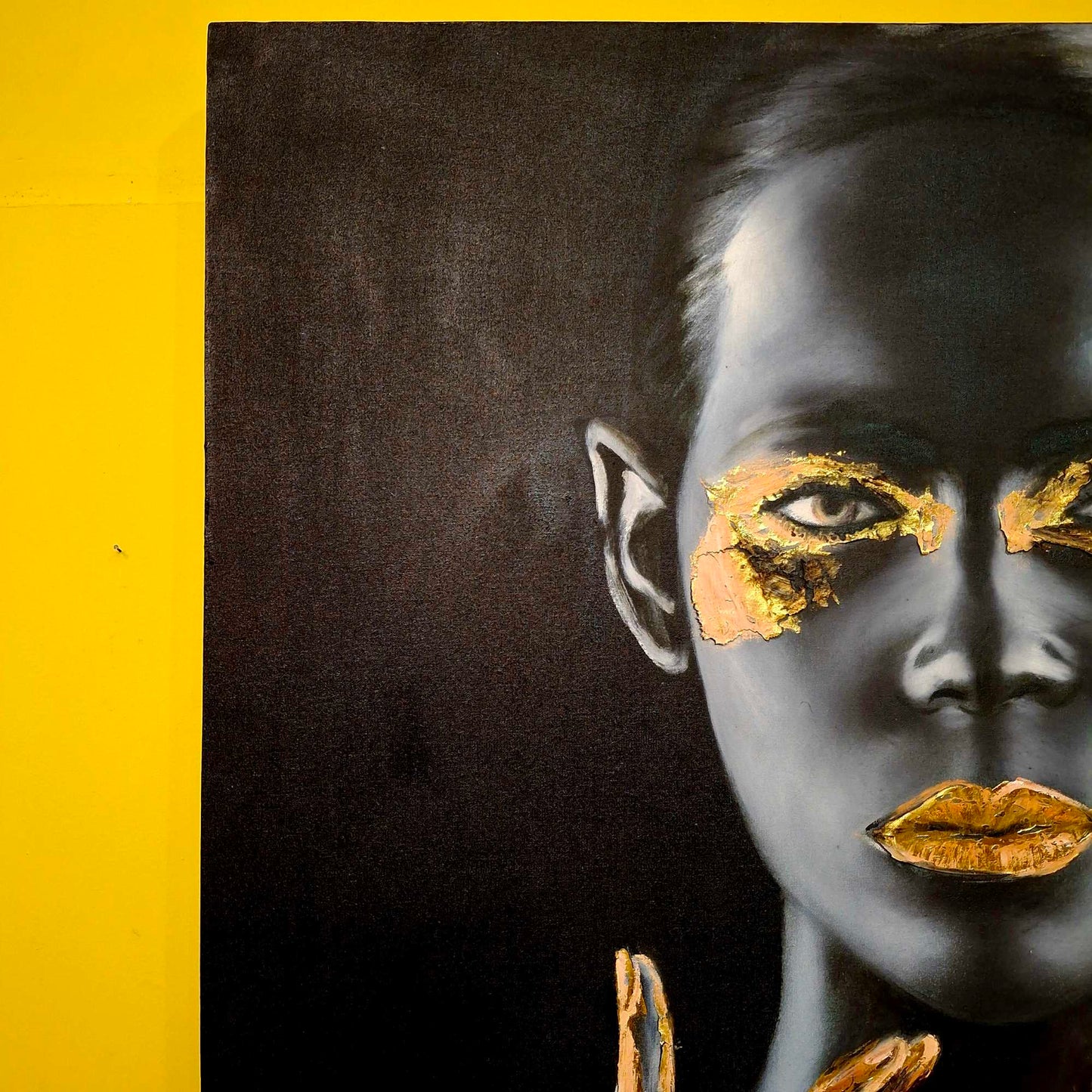 Quadro etnico olio su tela nero e oro