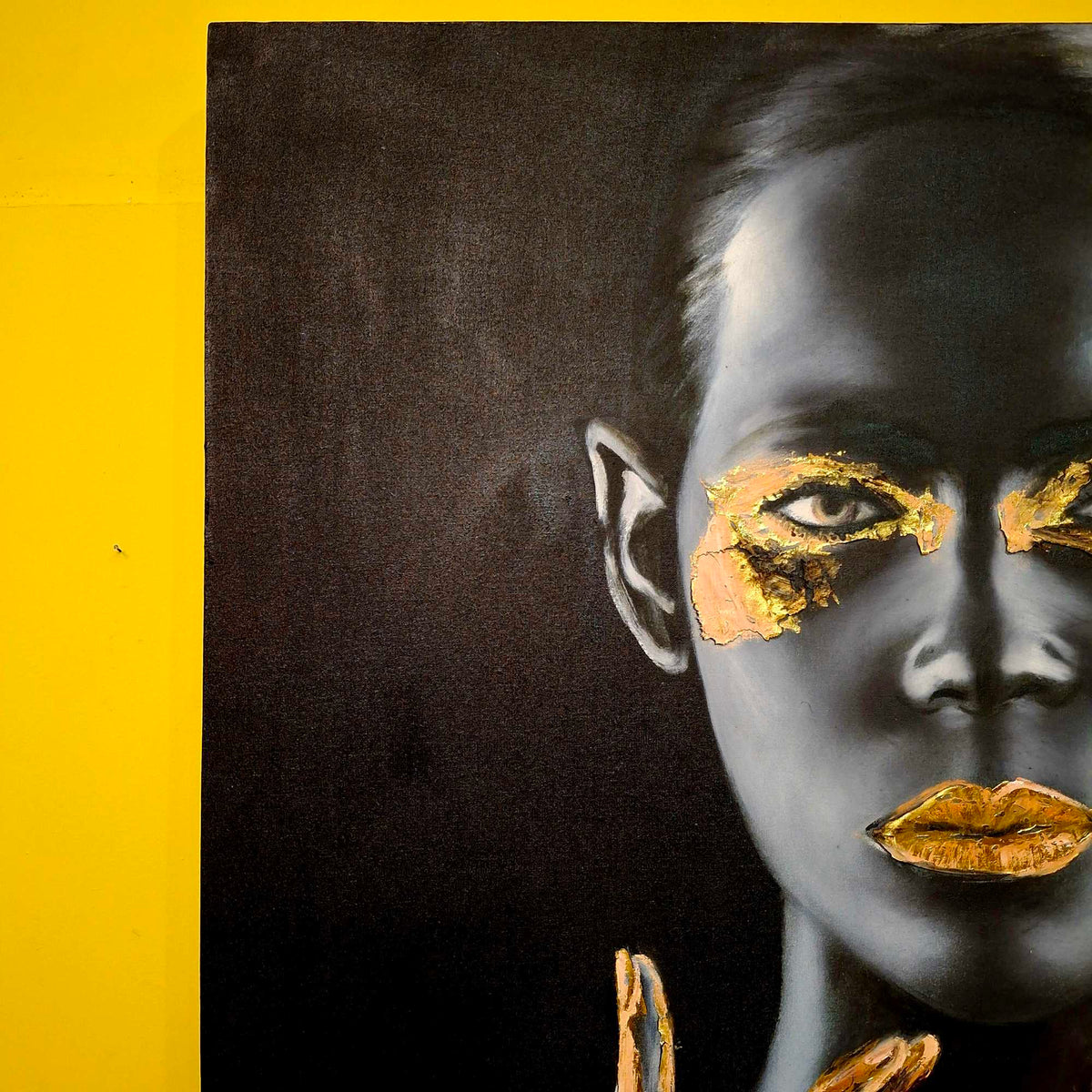 Quadro etnico olio su tela nero e oro "Time"