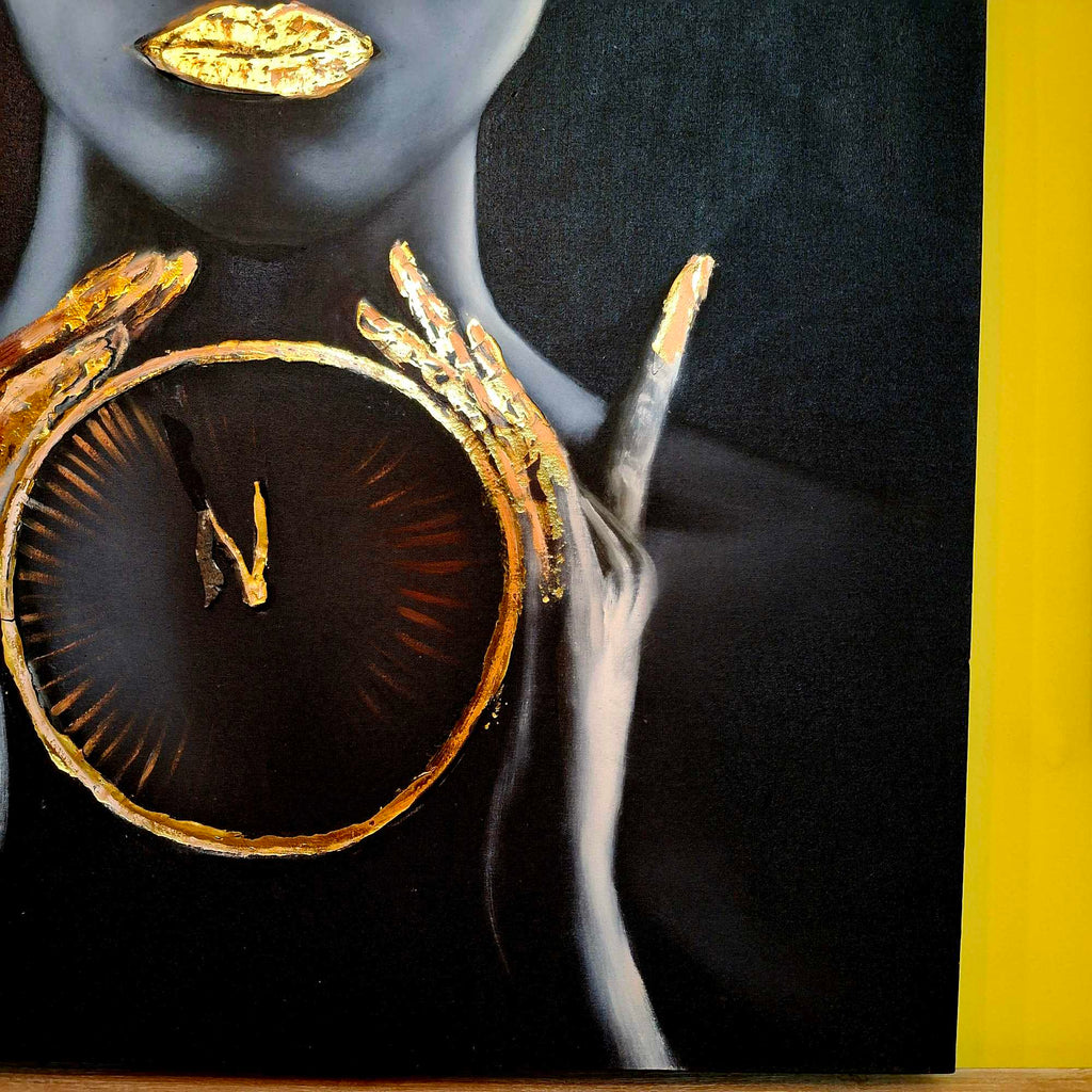 Quadro etnico olio su tela nero e oro "Time"