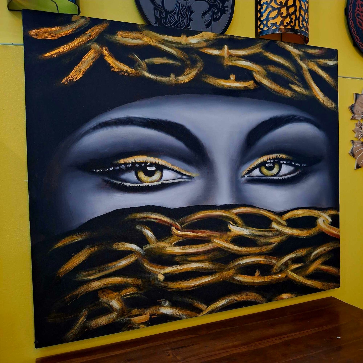 Quadro etnico olio su tela sguardo di donna incatenato