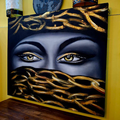 Quadro etnico olio su tela sguardo di donna incatenato