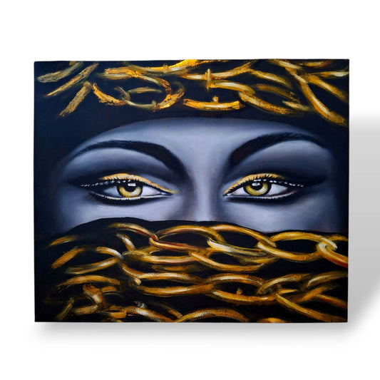 Quadro etnico olio su tela sguardo di donna incatenato