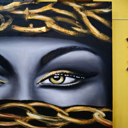 Quadro etnico olio su tela sguardo di donna incatenato