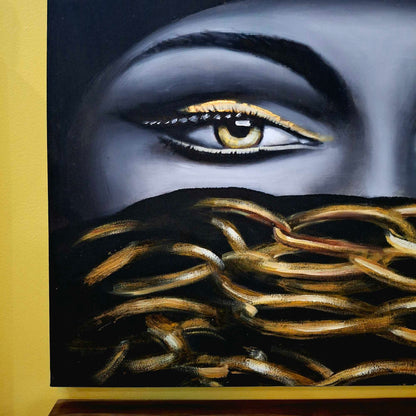 Quadro etnico olio su tela sguardo di donna incatenato