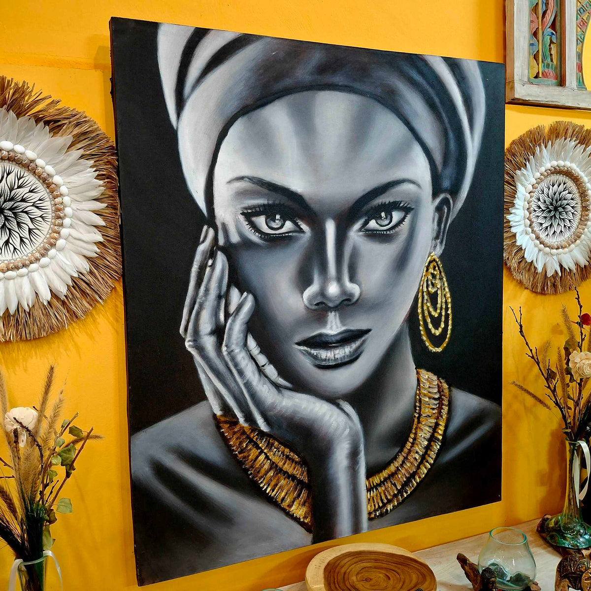Quadro olio su tela dipinto etnico viso di donna
