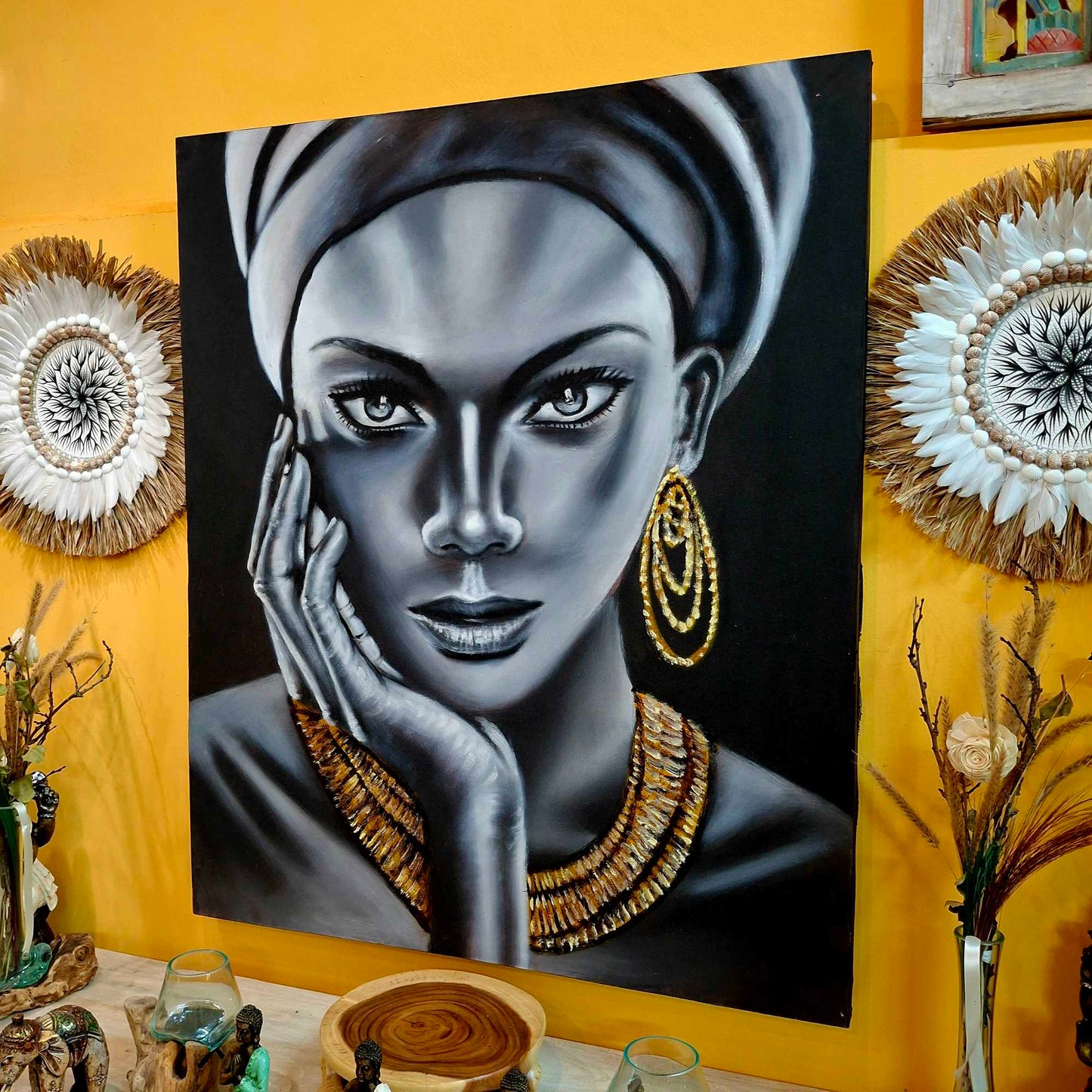 Quadro etnico olio su tela woman in gold