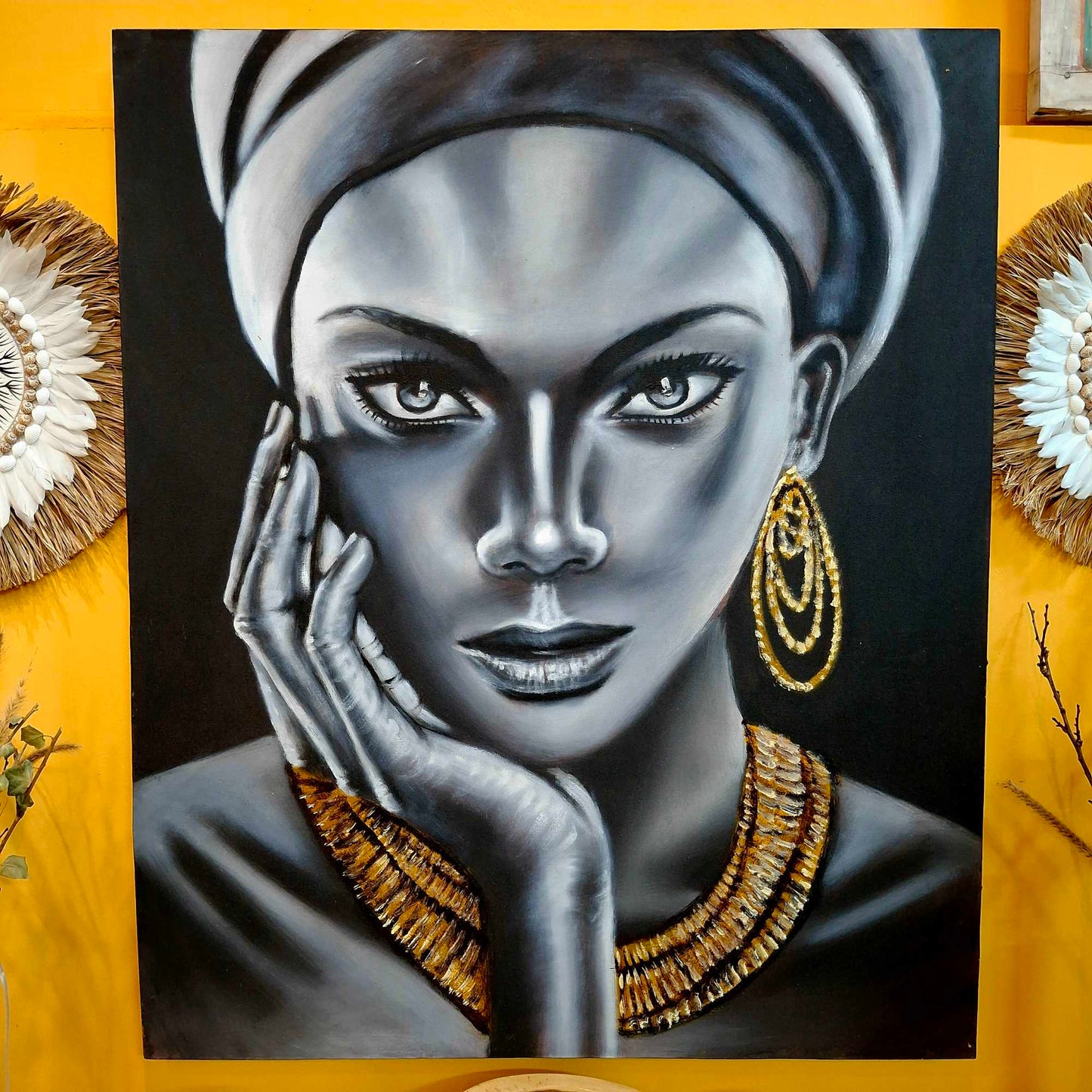 Quadro etnico olio su tela woman in gold