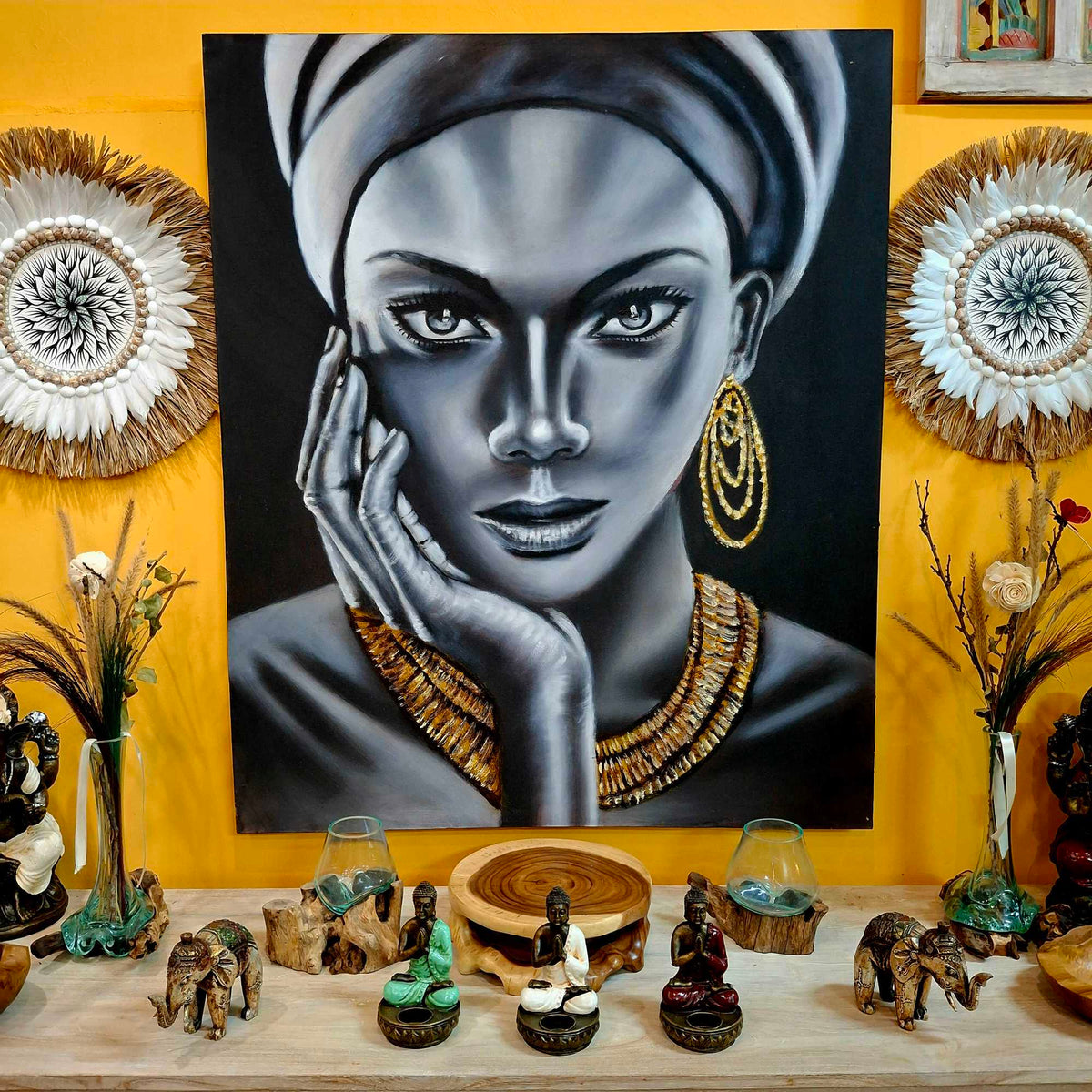 Quadro olio su tela dipinto etnico viso di donna