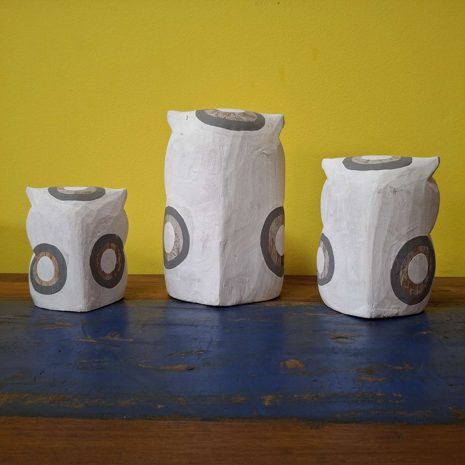 Set di 3 Gufi in Legno Intagliato e Dipinti a Mano - ETNICBAY