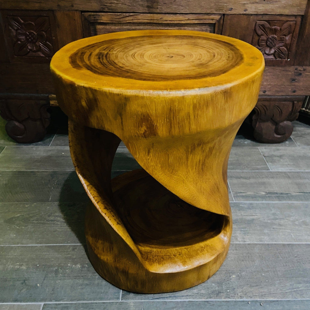Comodino Etnico Legno Suar Massello Sgabello Spirale Tavolino Rotondo - ETNICBAY