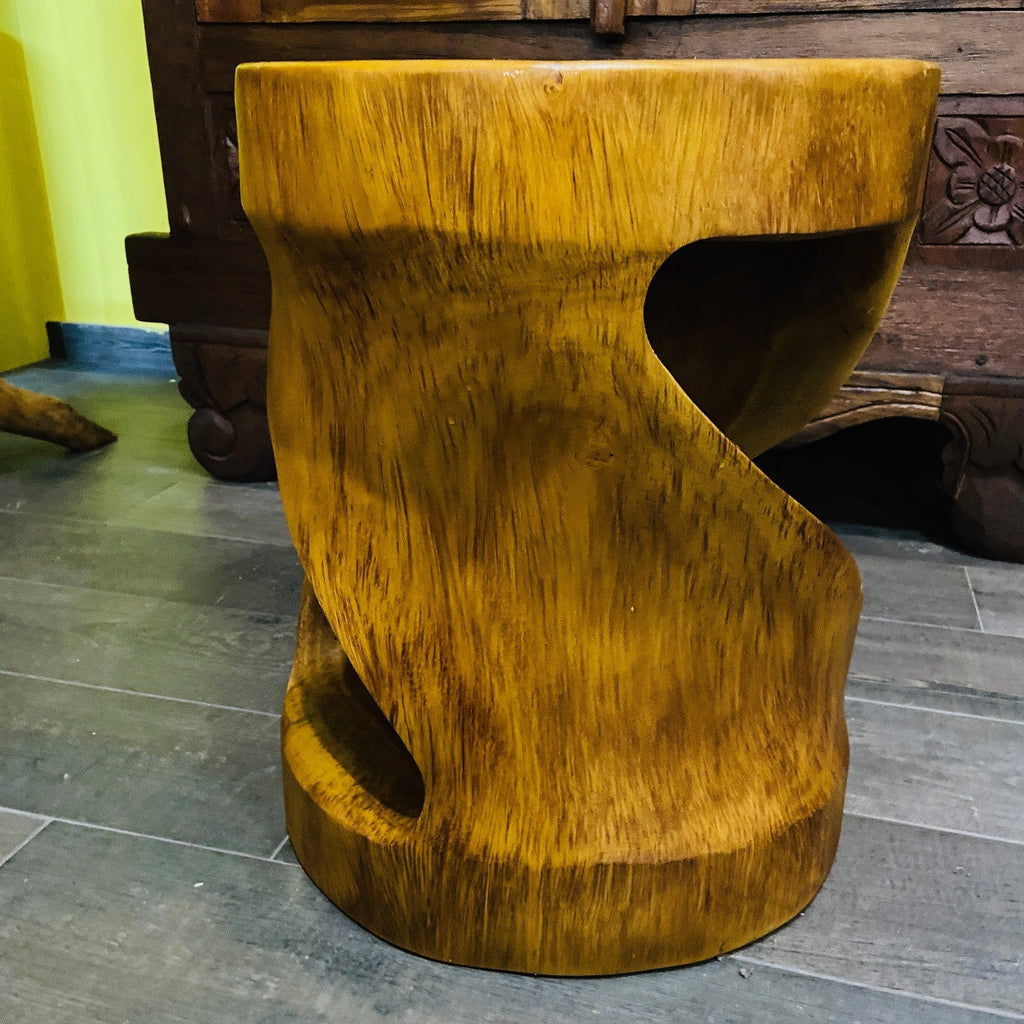Comodino Etnico Legno Suar Massello Sgabello Spirale Tavolino Rotondo - ETNICBAY