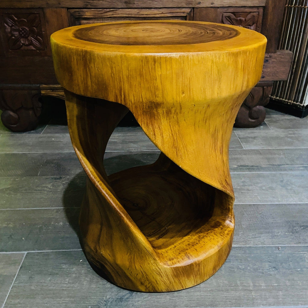 Comodino Etnico Legno Suar Massello Sgabello Spirale Tavolino Rotondo - ETNICBAY
