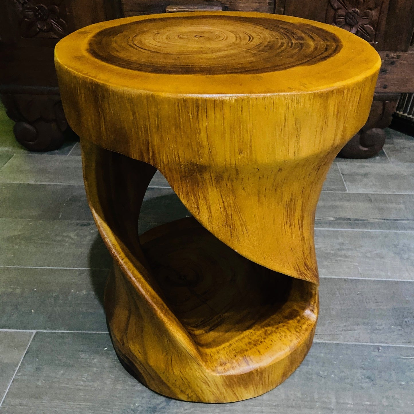 Comodino Etnico Legno Suar Massello Sgabello Spirale Tavolino Rotondo