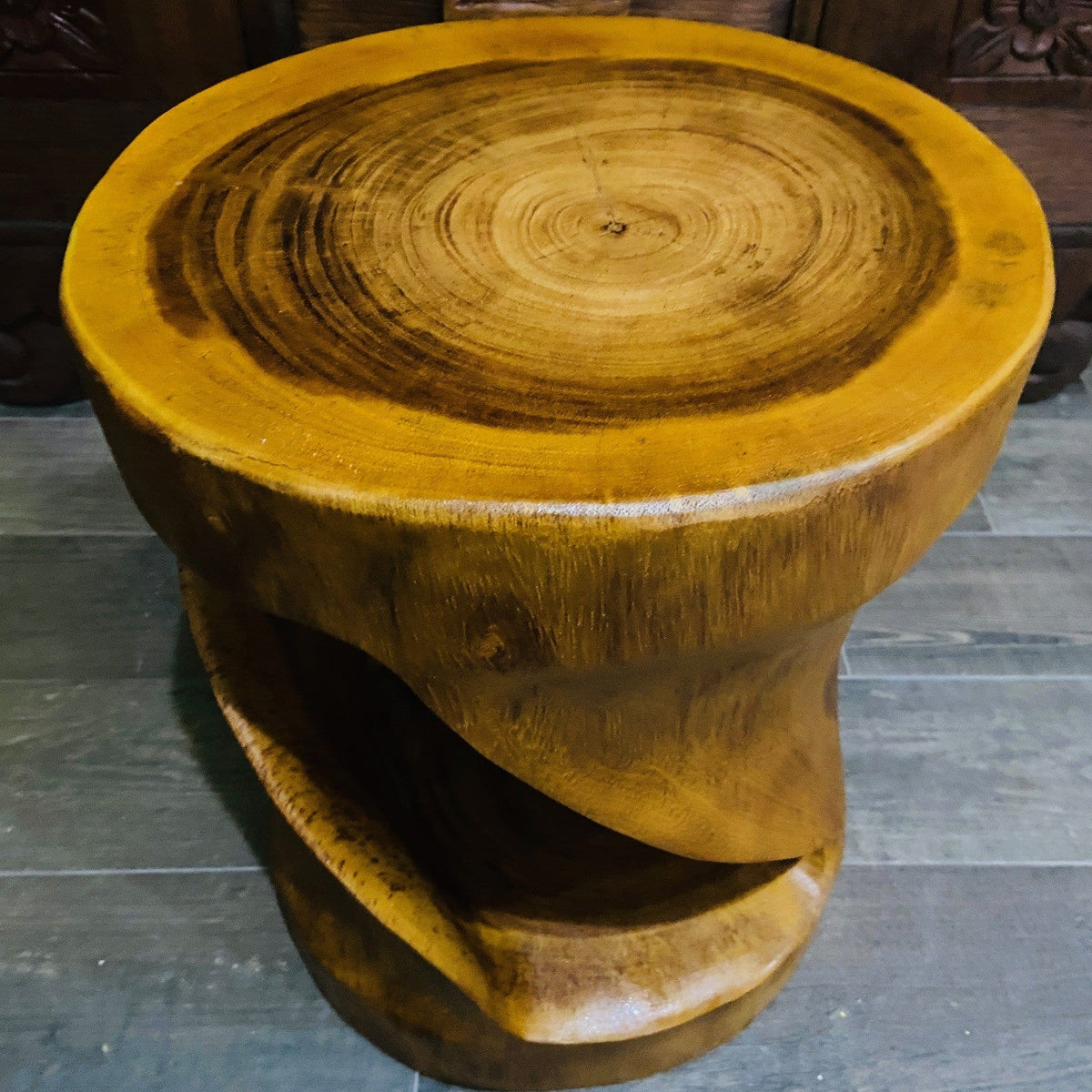 Comodino Etnico Legno Suar Massello Sgabello Spirale Tavolino Rotondo - ETNICBAY