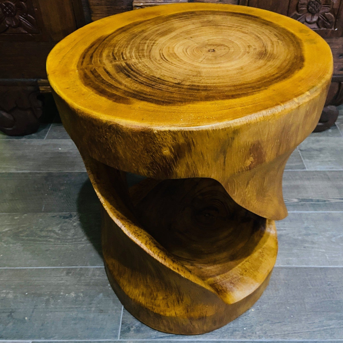 Comodino Etnico Legno Suar Massello Sgabello Spirale Tavolino Rotondo - ETNICBAY